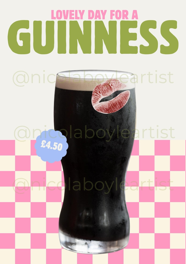 K&ouml;nnte beinhalten: Ein Pint Guinness mit einem Kussmund und dem Text "LOVELY DAY FOR A GUINNESS". Der Hintergrund ist ein rosa-wei&szlig; kariertes Muster.