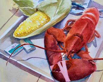 Original watercolor Maine lobster painting
