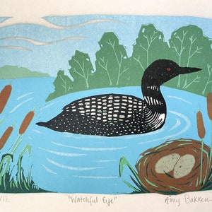 Loon linocut reduction print