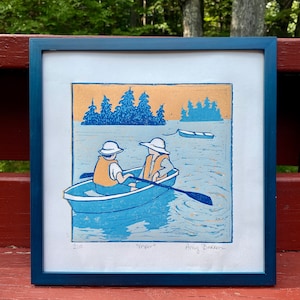 Original reduction linocut print of rowboat at sunset