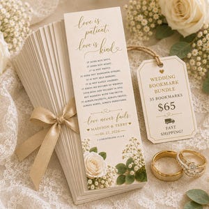 May include: A stack of cream-colored paper bookmarks tied with a gold ribbon, featuring the text Love is patient, love is kind, 1 Corinthians 13:4-8, Madison & Terry, 06.21.2026, and floral illustrations, alongside two gold-toned metal rings.