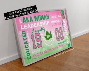This is a beautiful, 11x17 Personalized AKA, Alpha Kappa Alpha Inspired Wall Art, Sisterhood 1908, Pink and Green, Pretty Girl