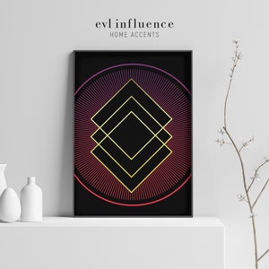 May include: A black and gold geometric print with a red and purple gradient circle in the background. The print is framed in a black frame and is titled "evil influence home accents".