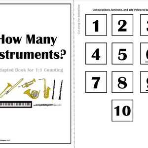 May include: A black and white printable book for children to learn how to count. The book features a title that says "How Many Instruments?" and an adapted book for 1:1 counting. The book includes images of musical instruments such as a violin, trombone, trumpet, french horn, saxophone, and clarinet. The book also includes a set of numbers 1-10 to be cut out and used for counting.