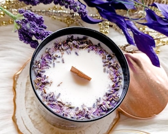 Luxury Lavender Soy Candle • Scented Non-Toxic Wooden Wick Candle with Purple Botanicals • Clean Burning Herbal Soy Wax Candle • 9 oz