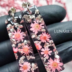 Real Dried Flower Earrings • Botanical Resin Earrings • Pink Rectangular Earrings • Geometric Jewelry with Silver Tone Stud Posts with CZ