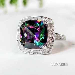 Cushion Cut Rainbow Topaz Halo Ring in 925 Sterling Silver • Cathedral Ring • Halo Engagement Ring