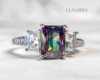 Emerald Cut Mystic Topaz Three Stone Ring • 925 Sterling Silver Cathedral Setting • Rainbow Topaz Engagement Style Ring