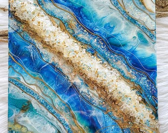 Ocean Abstract Geode Resin Wall Art with Crushed Glass, 12x12 Crystal Inspired Resin Painting