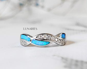 Infinity Twist Blue Opal Inlay Ring, 925 Sterling Silver Pavé Wave Band