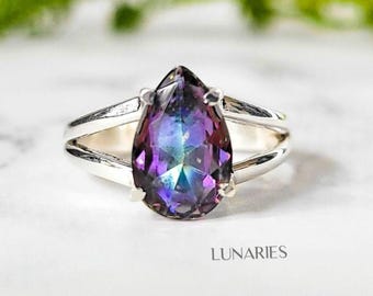 Pear Cut Mystic Topaz  Ring • 925 Sterling Silver • Split Shank Rainbow Topaz • Size 8