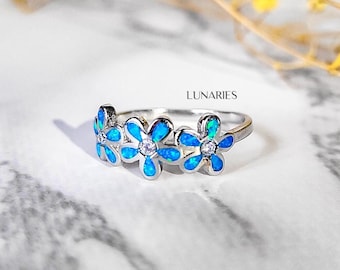 Blue Opal Flower Ring, 925 Sterling Silver Dainty CZ Blossom Band