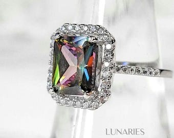 Vintage Inspired Emerald Cut Rainbow Topaz Ring • 925 Sterling Silver Halo Ring • Mystic Topaz Engagement Ring