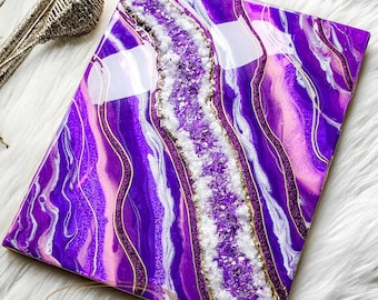 Purple Geode Resin Wall Art with Crushed Glass, 14x11 Crystal Inspired Epoxy Painting