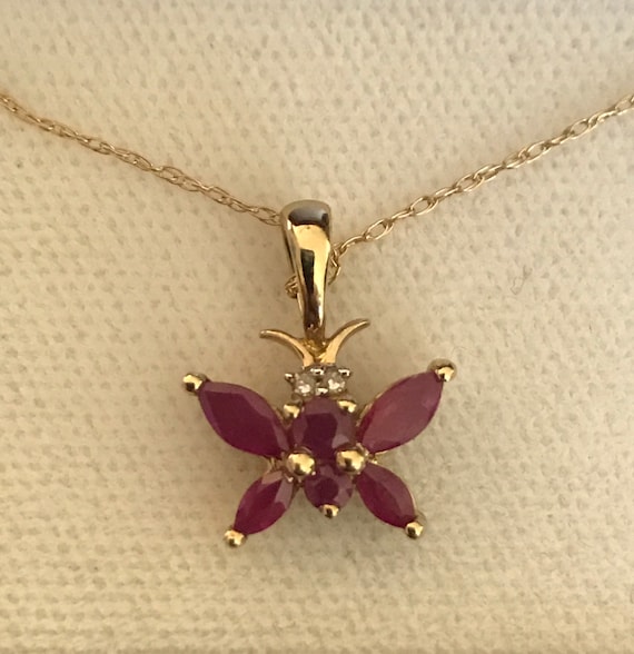 Beautiful 10k Ruby and Diamond Butterfly Necklace - image 2
