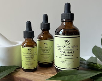 May include: Three amber glass dropper bottles of varying sizes labelled Super Minded Health Noa Male Formula. Each bottle features a light green label with black text, a black dropper cap, and the text New Orleans Apothecary Wholesale Herbalists.