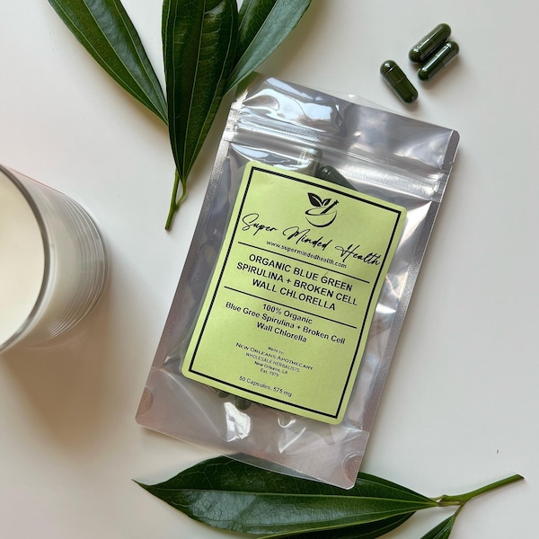 Cápsulas de espirulina azul verdosa y clorella de pared celular rota / Orgánicas / 575 mg