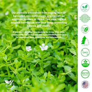 May include: Close-up of green leafy plants with white flowers. The image includes text that reads "Our products are crafted from organic or wild-harvested, non-GMO plants, and contain no additives, binders, or fillers. This pure, natural essence harmonizes with your body, promoting balance and vitality." The image also includes several badges indicating that the products are natural, high quality, organic, GMO-free, vegan, keto-friendly, and made in the USA.