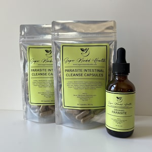 May include: Two silver stand-up pouches containing brown capsules labeled Super Minded Health Parasite Intestinal Cleanse Capsules, 50 capsules, 595 mg, and one amber glass dropper bottle labeled Organic Parasite, Net 2 oz, by New Orleans Apothecary.