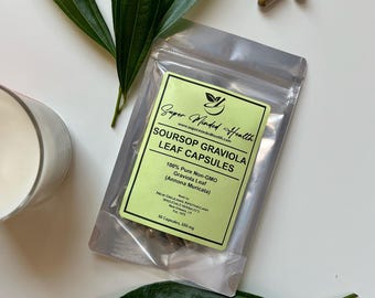 May include: A yellow and green pouch with a label that reads "Super Minded Health" and "Soursop Graviola Leaf Capsules". The pouch contains 50 capsules, 650 mg each. The label also states that the product is 100% pure non-GMO Graviola Leaf (Annona Muricata).
