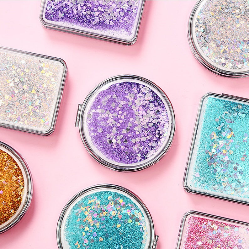 Round heart glitter compact mirror bridesmaids gift Etsy