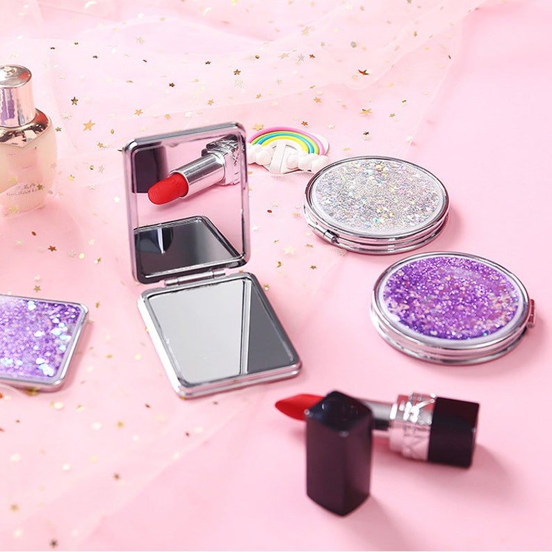 Round heart glitter compact mirror bridesmaids gift Etsy