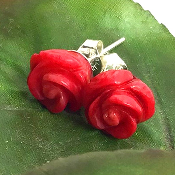 Red Coral Rose Sterling Silver Earrings Coral Rose Earrings Sterling Silver Studs Earrings Bridesmaid gift Wedding Earrings Valentine