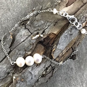 Fresh Water Pearl Bracelet, Triple Pearl Bracelet, June Birthday Gift, Bridesmaid Gift, Bridal Bracelet, Pearl Jewelry, Sterling Silver