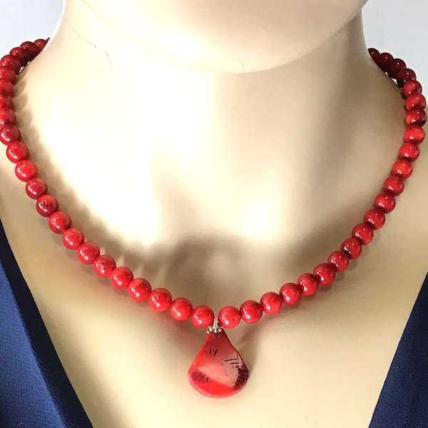 Red Coral statement necklace jewelry for women with teardrop coral pendant, it is a great gift for bridal and bridesmaid