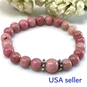 Pink Rhodonite Bracelet, Stretch Rhodonite Beads Jewelry, Healing Calming Balancing Anxiety Relief Bracelet Gift For Women, Pink Bracelet