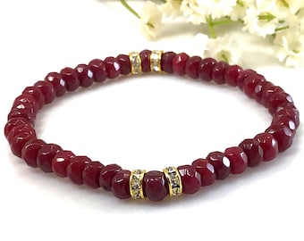 Red Faceted Ruby Jade Slim Bracelet Healing 6mm Crystal Bracelet Anxiety Relief Balancing Calming Protection Bracelet For Women And Girls