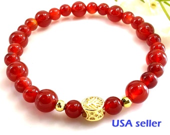 Red Carnelian Gold bracelet, Carnelian jewelry, healing protection anxiety relief balancing stretch bracelet gift for women
