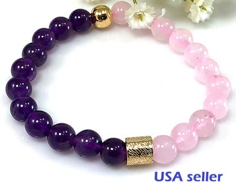Amethyst Rose Quartz Bracelet, 8mm Gemstone, Anxiety Relief