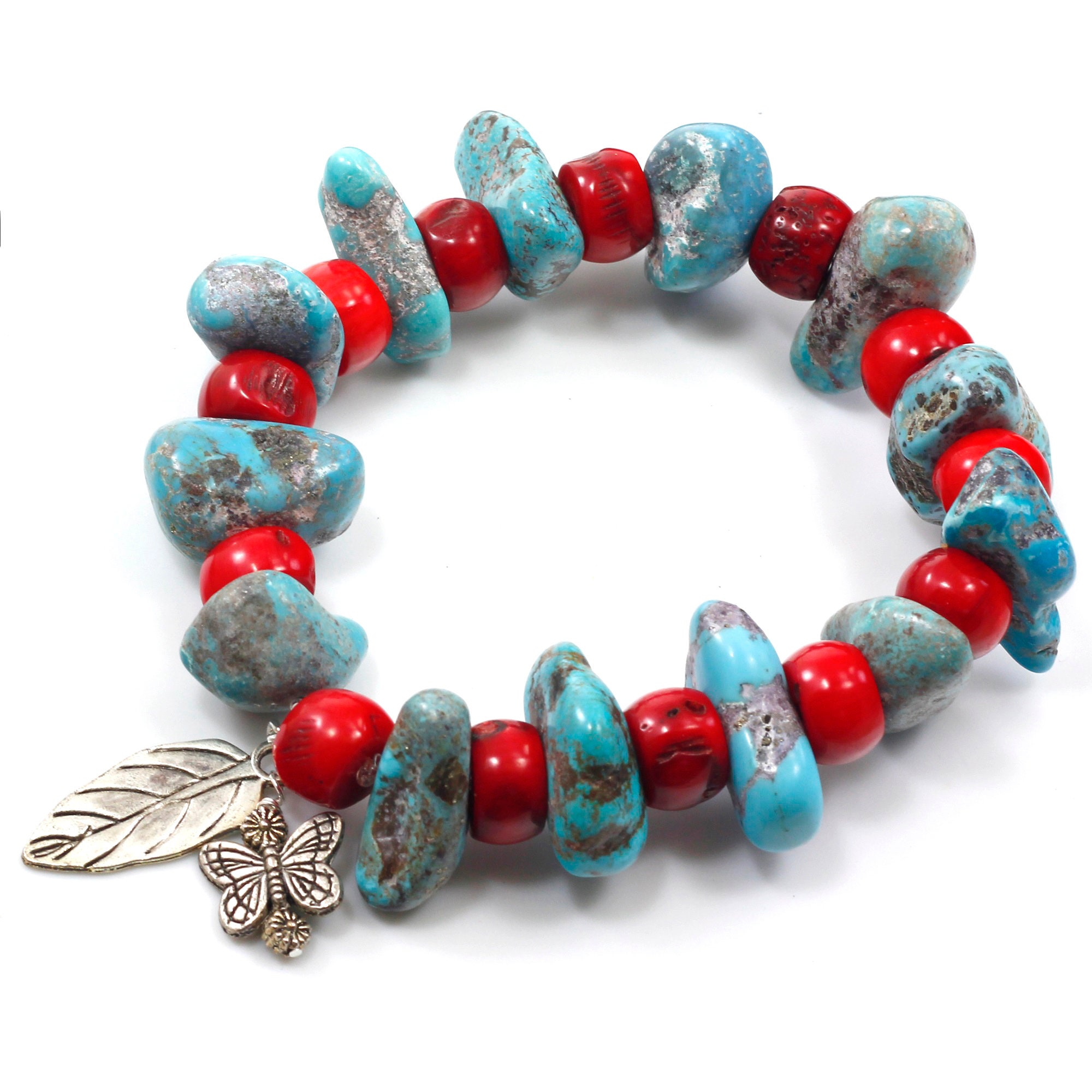 Blue Kingman Turquoise Bracelet Rough Nugget Bracelet Red Coral Beaded Bracelet Stretch Bracelet Healing Bracelet Natural Gemstone