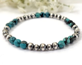 Oxidized Desert Pearl Pearl & Turquoise Beaded Bracelet 5mm Sterling Silver .925 | Handmade Stretch Stack Bracelet | Made in USA