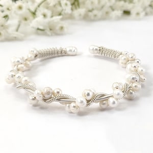 Freshwater Pearl Bangle Bracelet Silver Wire Wrapped Bridal Jewelry