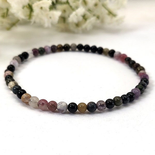 Natural Tourmaline Bracelet October Birthstone Handmade 4mm Round Bead Stretchy String Bracelet Protection Chakra Healing Crystal