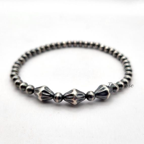 Oxidized 925 Sterling Silver Pearl Beaded Bracelet 4mm Round & Bicone Beads Custom Made USA