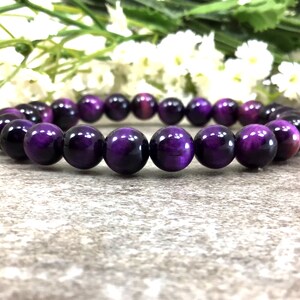 8mm Purple Tigers Eye Bracelet, Tigereye Bracelet, Stretchy String Bracelet, Anxiety Relief Healing Protection Balancing Bracelet Women