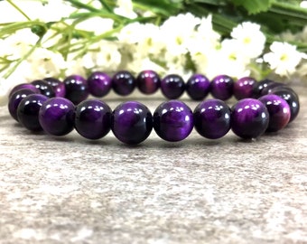 8mm Purple Tiger's Eye Bracelet, Healing Gemstone, Stretchy Bracelet