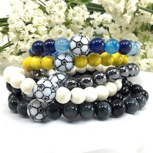 Gemstones Soccer Pendant Beaded Bracelet Beautiful 8mm Beads 7.5&quot; Stretch Bracelet Sport Holiday Gift For Girls Boys Soccer Mom