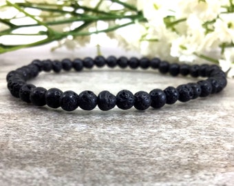 4mm Black Lava Stone Bracelet, Essential Oil Diffuser, Stretchy Healing Bracelet