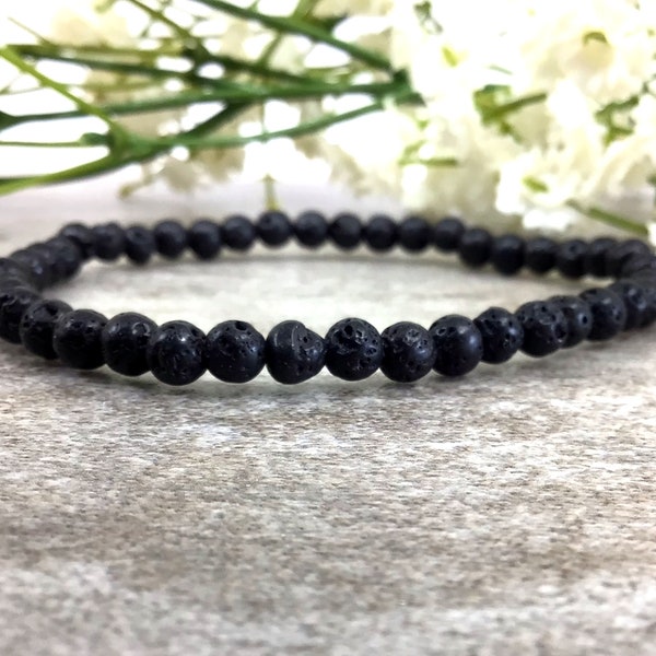 4mm Black Lava Stone Bracelet, Lava Diffuser Bracelet, Lava Beads Bracelet, Healing Protection Stretchy Bracelet Gift For Women And Men