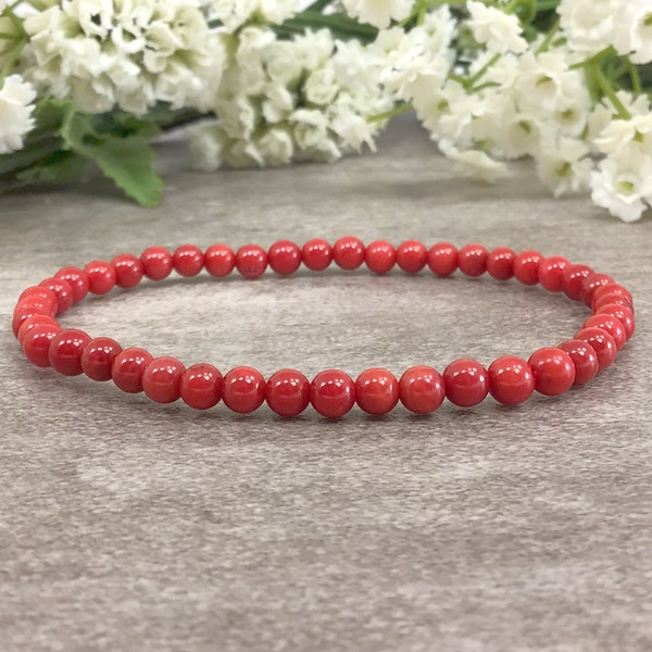 4mm Red Coral Bracelet, Healing Crystals Bracelet, Success Abundance Wealth, Stretchy Bracelet, Reiki Mother's Day Holiday Gift