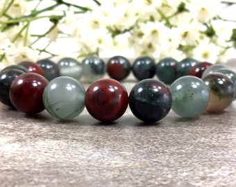 10mm African Bloodstone Bracelet, Stretchy Gemstone Jewelry