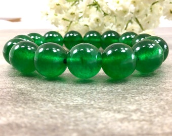 12mm Jade Bracelet, Green Jade Bracelet, Elastic Bracelet, Healing Pray Stone Jewelry, Man, Woman, Good Luck Bracelet, Valentines'gift