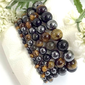 Triple Protection Beaded Bracelet Tiger Eye Black Obsidian Hematite Bracelet Handmade Stretch Round  Beaded Bracelet 4mm 6mm 8mm 10mm 12mm