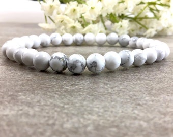 6mm White Howlite Bracelet, Gemstone Balancing, Stretchy Jewelry