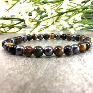 Triple Protection Tiger Eye Black Obsidian Hematite Handmade 6mm Stretchy Bracelet Healing Anxiety Relief Mens Jewelry