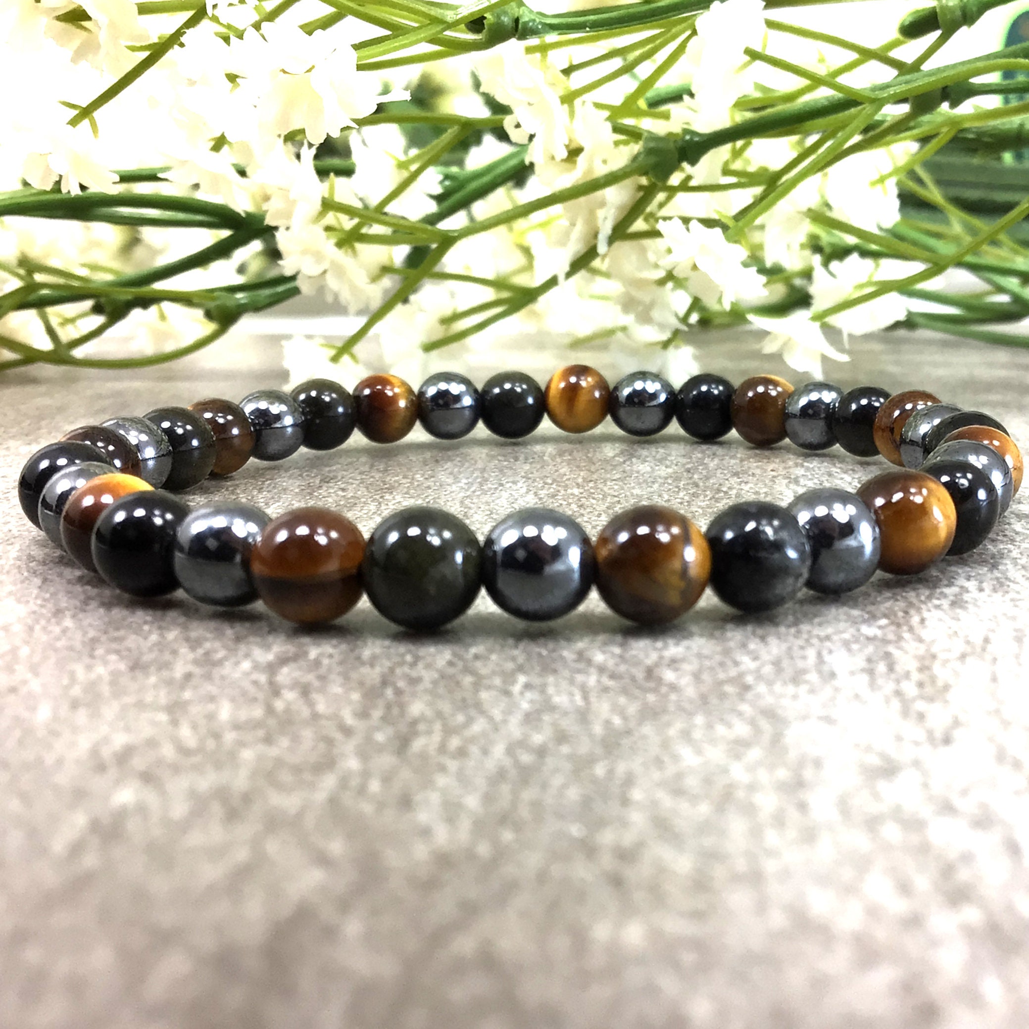  Tiger Eye Bracelet Men Women,Tiger Eye and Black Onyx Crystal  handmade Bracelet Energy Protection Beaded Anxiety handmade Bracelet Gifts